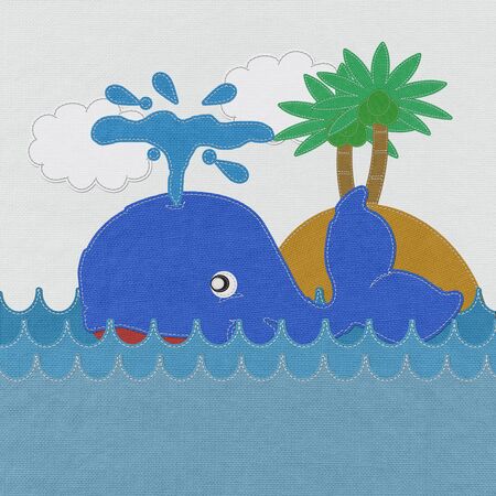 Cute Smiling Whale with stitch style on fabric backgroundの写真素材