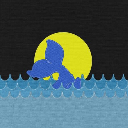 Cute Smiling Whale with stitch style on fabric backgroundの写真素材