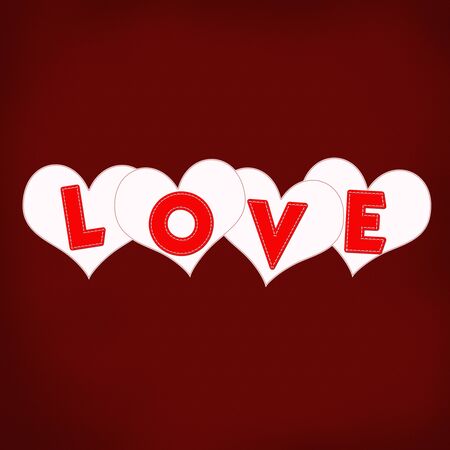 Heart sewing with red thread on the fabric backgroundの写真素材