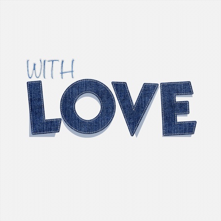 LOVE word sewing with white thread on the jean texture backgroundの写真素材