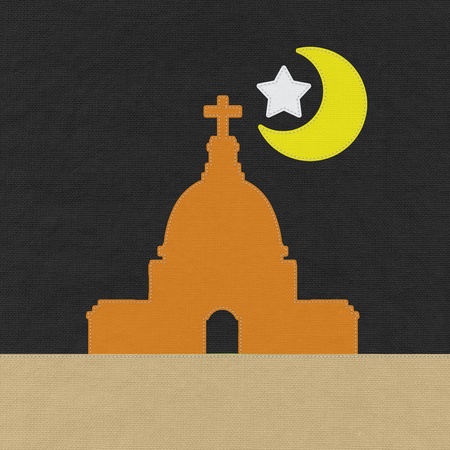 Chruch in stitch style on fabric backgroundの写真素材