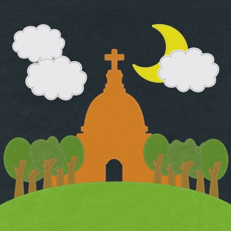 Chruch in stitch style on fabric backgroundの写真素材
