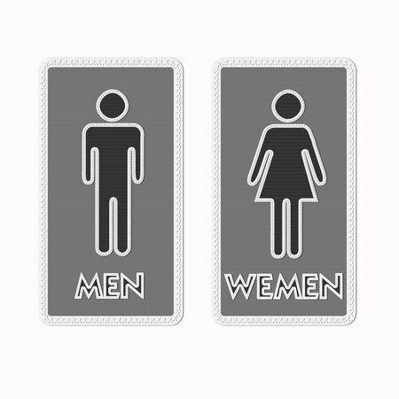 Stitched Man & Woman restroom sign on fabric backgroundの写真素材
