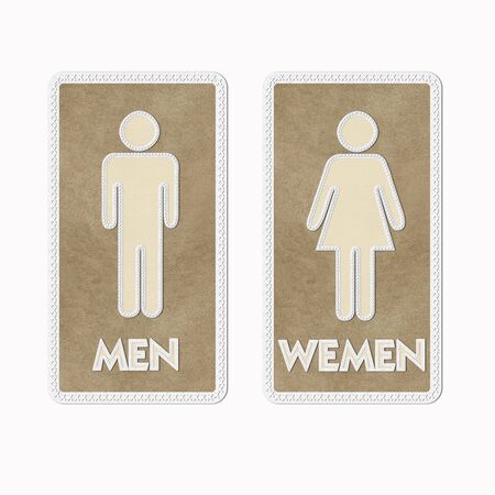 Stitched Man & Woman restroom sign on leather backgroundの写真素材