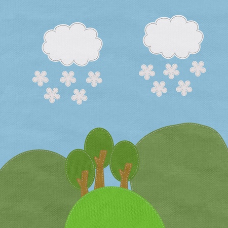 Moutain landscape in stitch style on fabric backgroundの写真素材