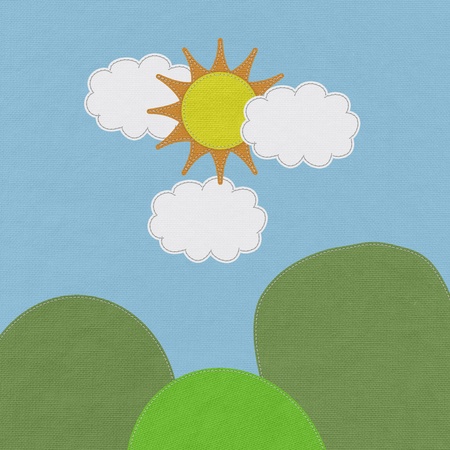 Moutain landscape in stitch style on fabric backgroundの写真素材