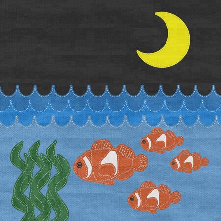 Fish under water with stitch style on fabric backgroundの写真素材