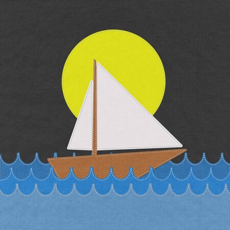 Boat in the sea with stitch style on fabric backgroundの写真素材