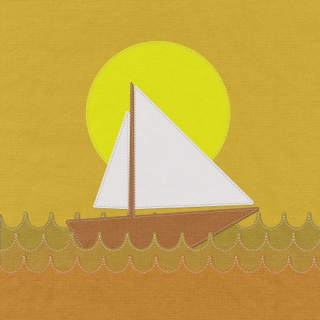 Boat in the sea with stitch style on fabric backgroundの写真素材