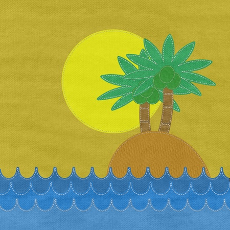 Island on the sea with stitch style on fabric backgroundの写真素材