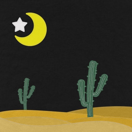 Cactus in the desert with stitch style on fabric backgroundの写真素材