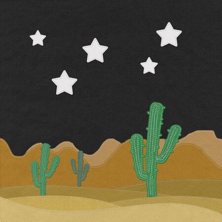 Cactus in the desert with stitch style on fabric backgroundの写真素材