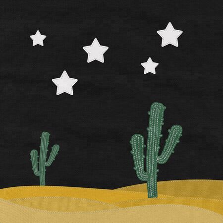 Cactus in the desert with stitch style on fabric backgroundの写真素材