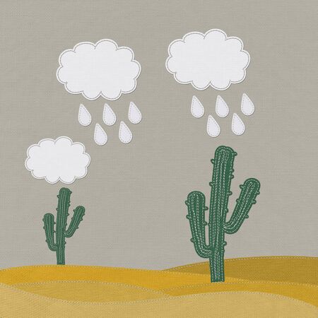 Cactus in the desert with stitch style on fabric backgroundの写真素材