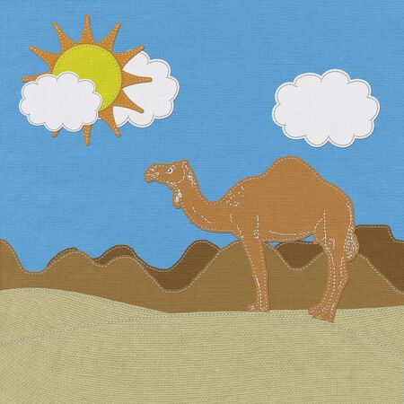 Lone Camel in the Desert sand with stitch style on fabric backgroundの写真素材