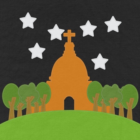 Chruch in stitch style on fabric backgroundの写真素材