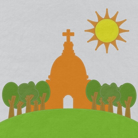Chruch in stitch style on fabric backgroundの写真素材