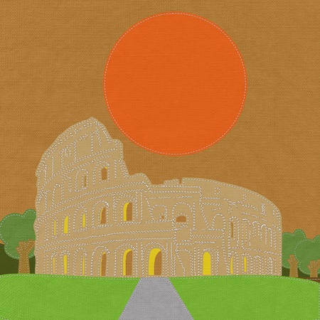 Colosseum in rome with stitch style on fabric backgroundの写真素材