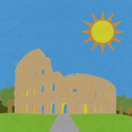 Colosseum in rome with stitch style on fabric backgroundの写真素材
