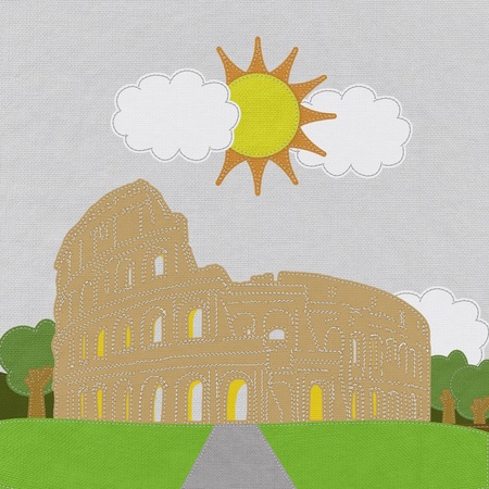 Colosseum in rome with stitch style on fabric backgroundの写真素材