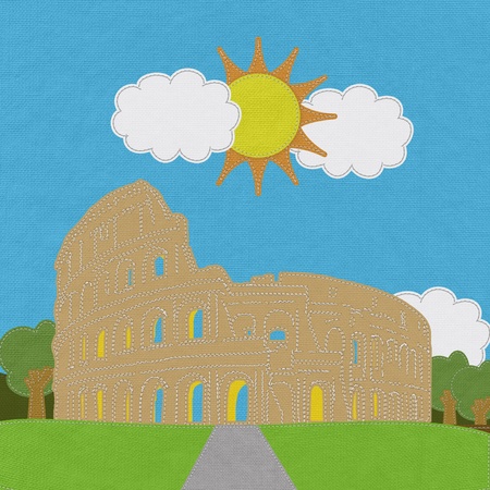 Colosseum in rome with stitch style on fabric backgroundの写真素材