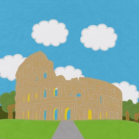 Colosseum in rome with stitch style on fabric backgroundの写真素材