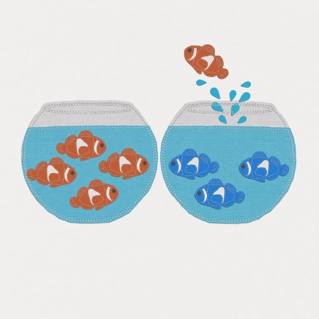 Fish in the bowl with stitch style, unique and diffrent business conceptの写真素材