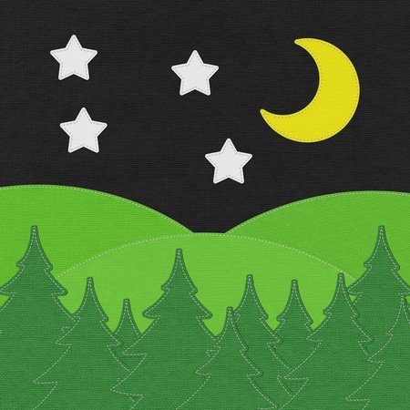 Landscape with pine forests in the mountains with stitch style on fabric backgroundの写真素材