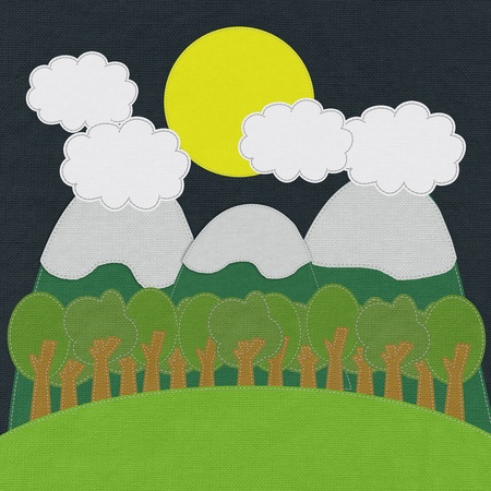 Moutain landscape in stitch style on fabric backgroundの写真素材