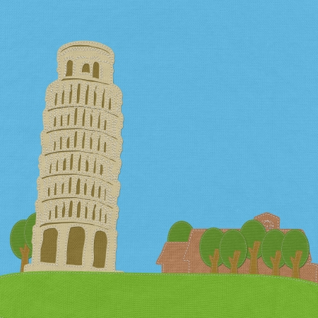 Pisa tower in stitch style on fabric backgroundの写真素材