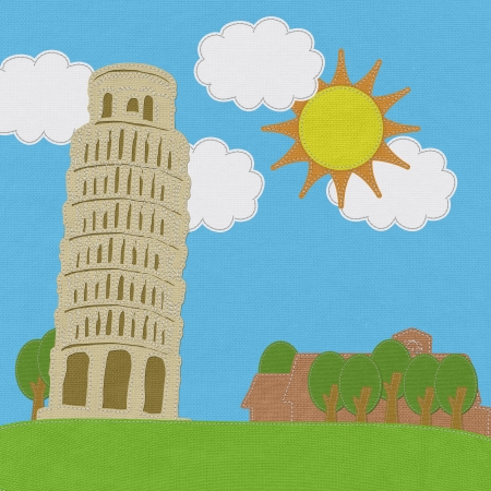 Pisa tower in stitch style on fabric backgroundの写真素材