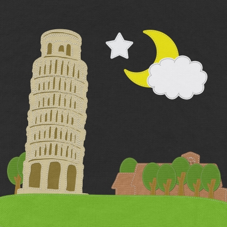 Pisa tower in stitch style on fabric backgroundの写真素材
