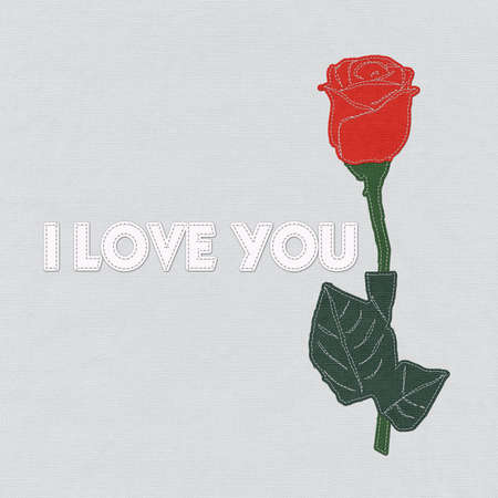 Red rose with stitch style on fabric backgroundの写真素材