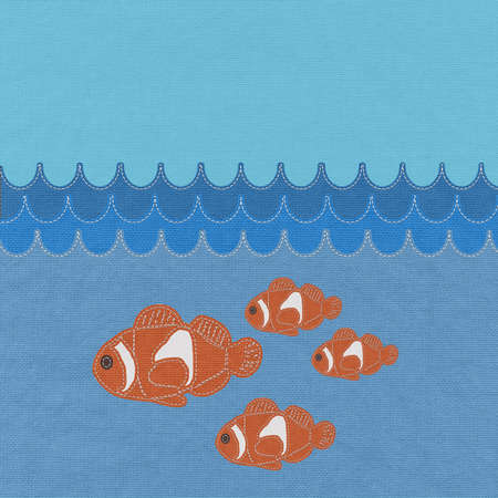 Fish under water with stitch style on fabric backgroundの写真素材