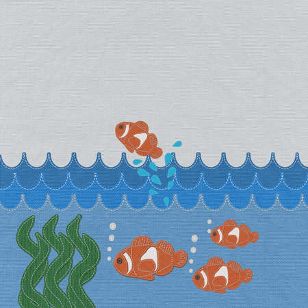 Fish under water with stitch style on fabric backgroundの写真素材