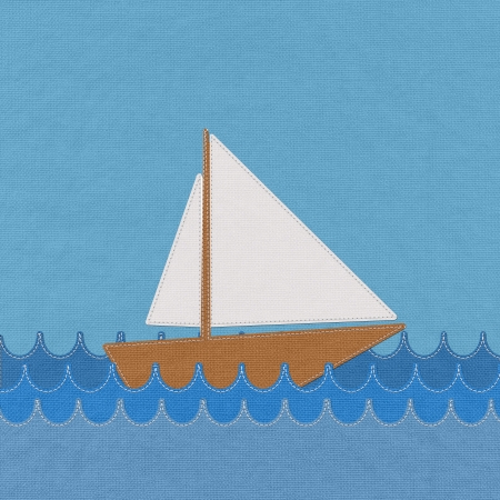Boat in the sea with stitch style on fabric backgroundの写真素材
