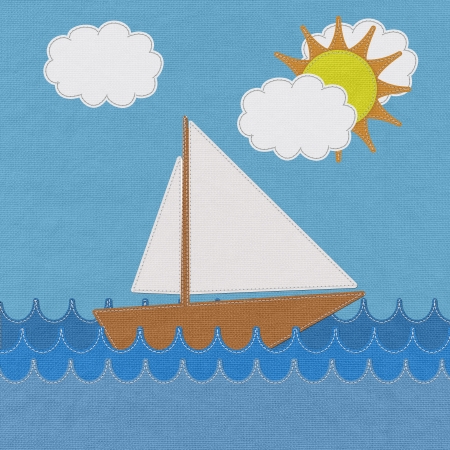 Boat in the sea with stitch style on fabric backgroundの写真素材