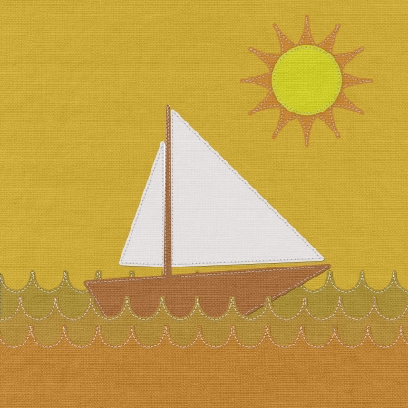Boat in the sea with stitch style on fabric backgroundの写真素材
