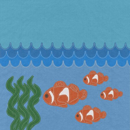 Fish under water with stitch style on fabric backgroundの写真素材