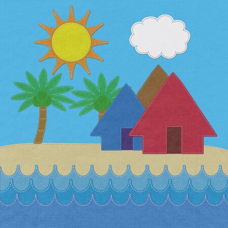 Water villas at tropical resort with stitch style on fabric backgroundの写真素材