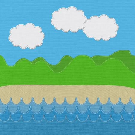 Moutain landscape with stitch style on fabric backgroundの写真素材