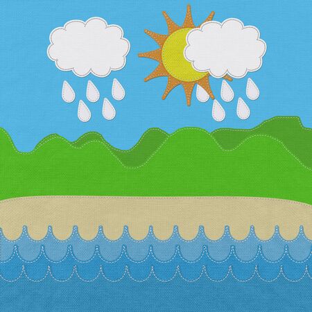 Sea and Moutain landscape with stitch style on fabric backgroundの写真素材