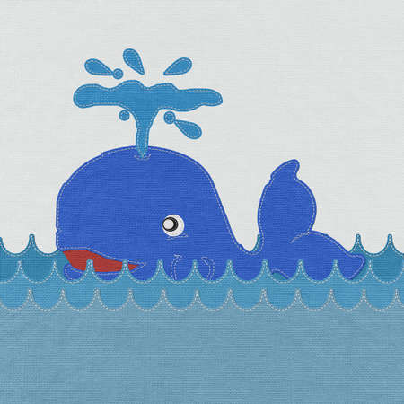 Cute Smiling Whale with stitch style on fabric backgroundの写真素材