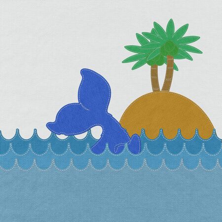 Cute Smiling Whale with stitch style on fabric backgroundの写真素材