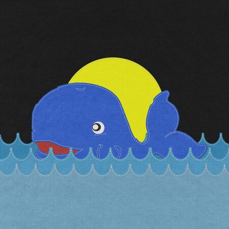 Cute Smiling Whale with stitch style on fabric backgroundの写真素材