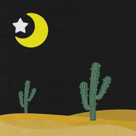 Cactus in the desert with stitch style on fabric backgroundの写真素材