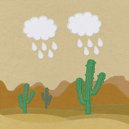 Cactus in the desert with stitch style on fabric backgroundの写真素材