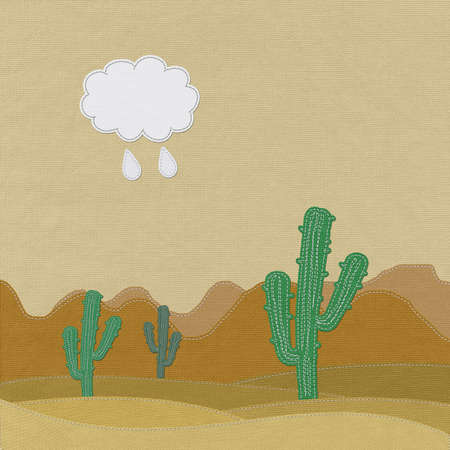 Cactus in the desert with stitch style on fabric backgroundの写真素材