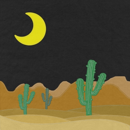 Cactus in the desert with stitch style on fabric backgroundの写真素材