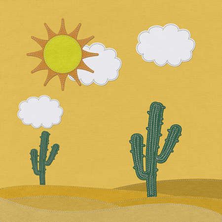 Cactus in the desert with stitch style on fabric backgroundの写真素材